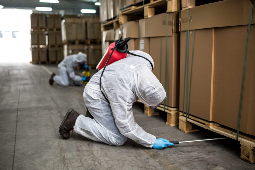 Exterminators applying pesticides in an industrial facility.